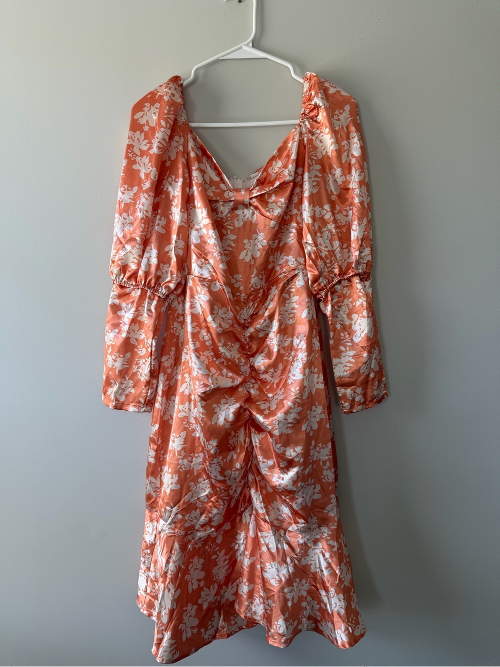 Satin Floral Long-Sleeve Midi Dress in Orange